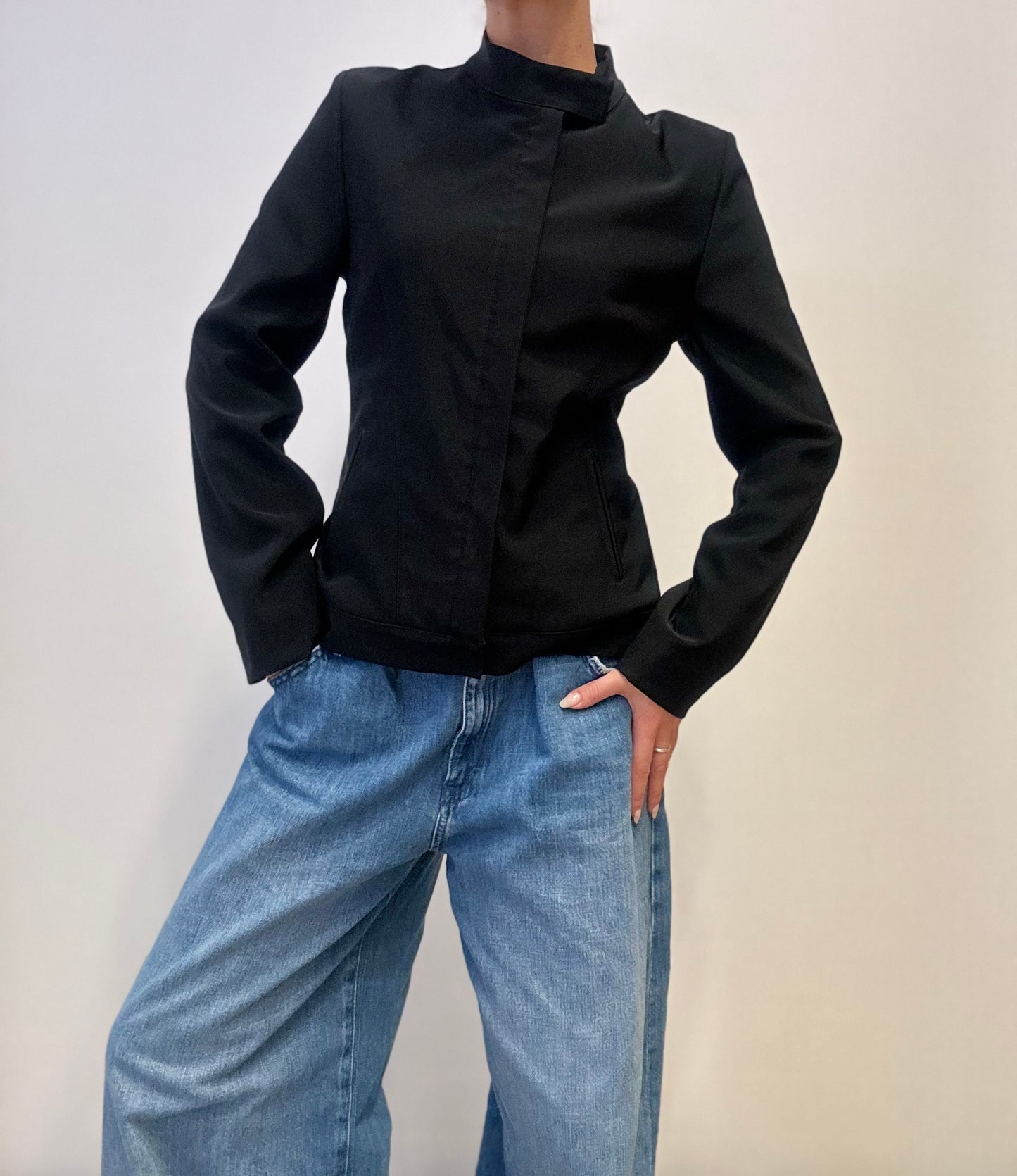 Vintage Minimalist Black Jacket with Stand Collar