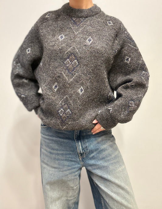 Vintage wollen trui in grafisch grijs patroon