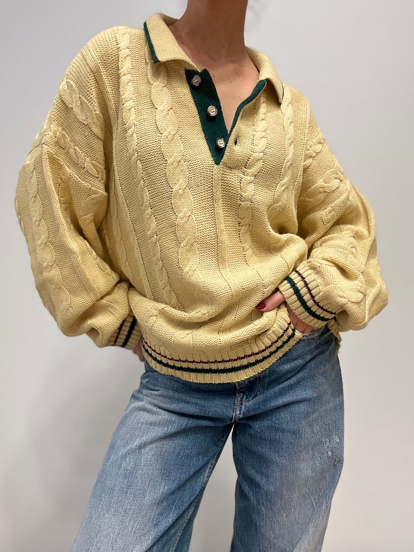 Vintage Kabelgebreide Polo Trui in Crème met Groene Details