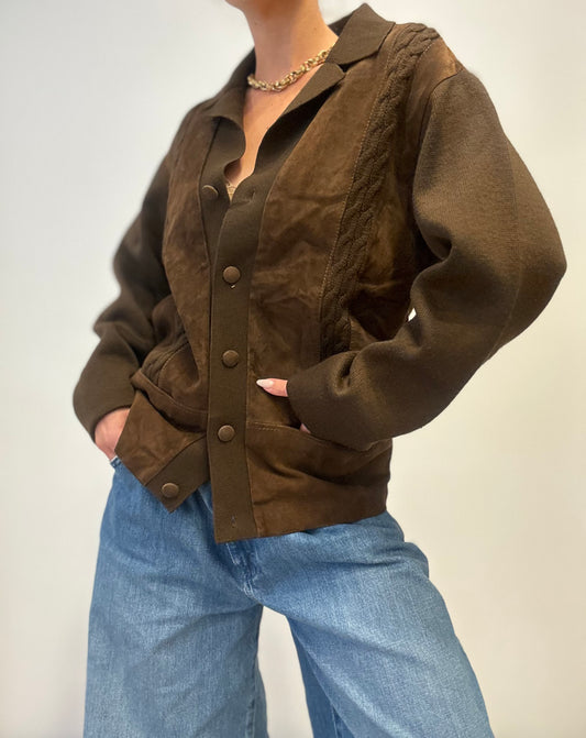 Vintage Suede & Knit Cardigan Jacket Dark Brown