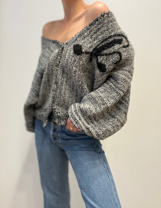 Vintage Wool-Blend Cardigan with Shoulder Pads and Embroidered Detail