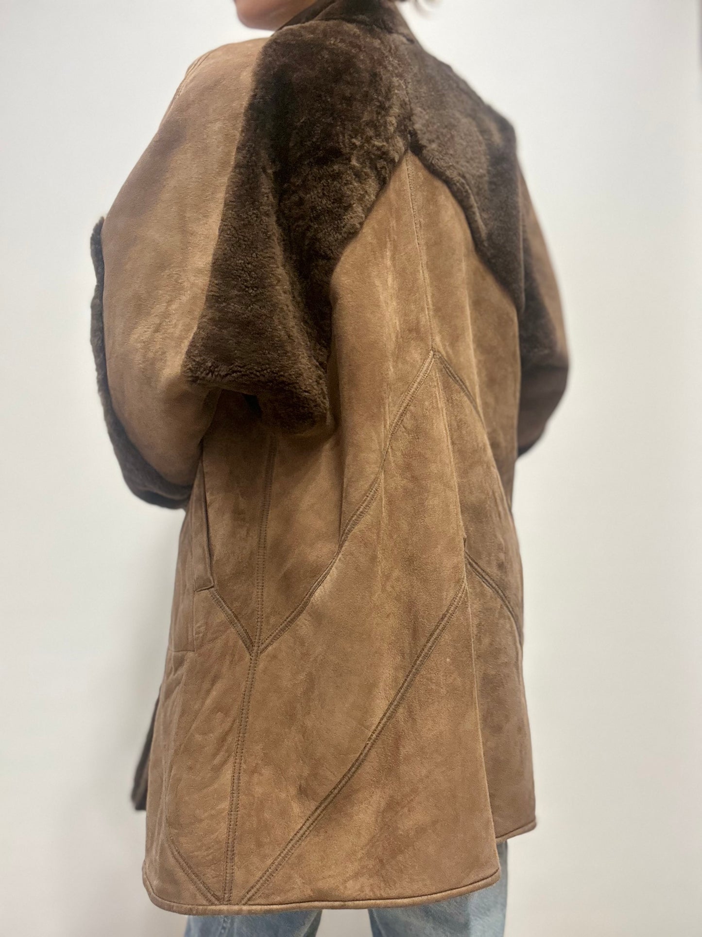 Vintage lammy midi jas met leer en shearling - Bruin