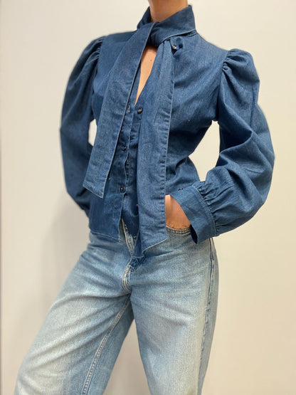 Vintage Denim Blouse met Strikdetail