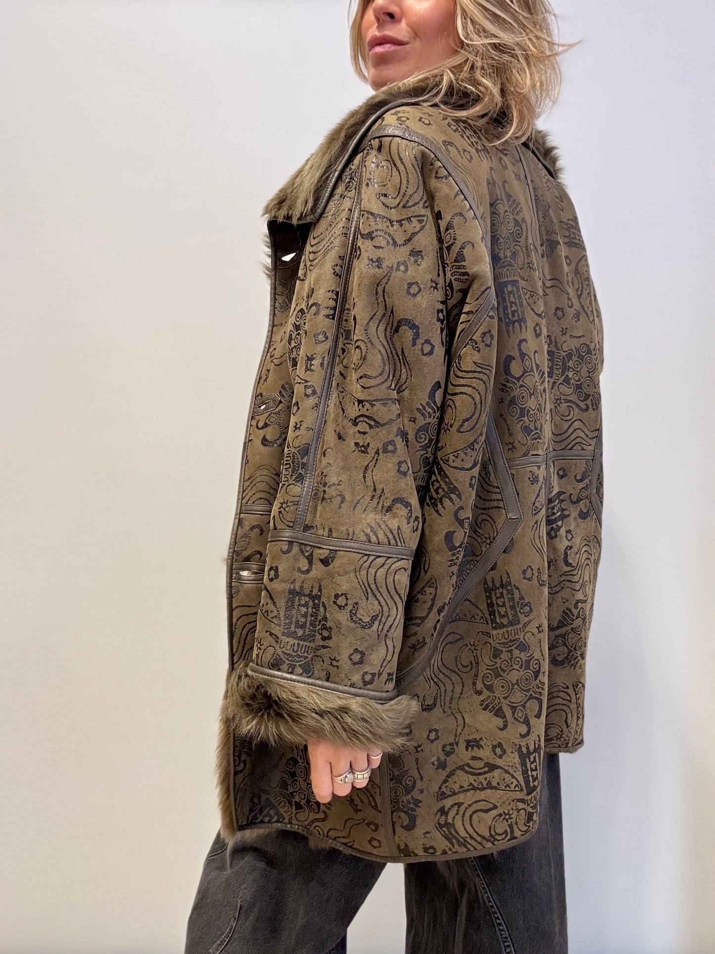 Vintage Shearling Coat with Patterned Suede Finish