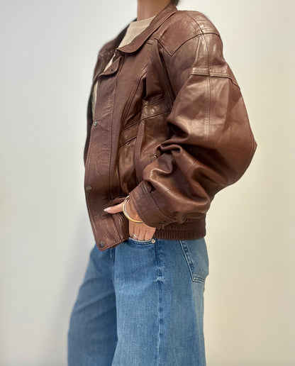 Vintage Leather Bomber Jacket in Chocolate Brown