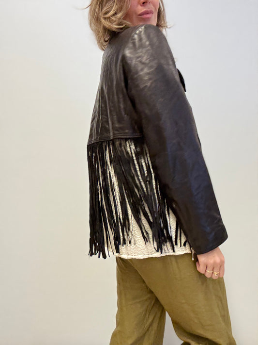 Black cropped leather fringe jacket