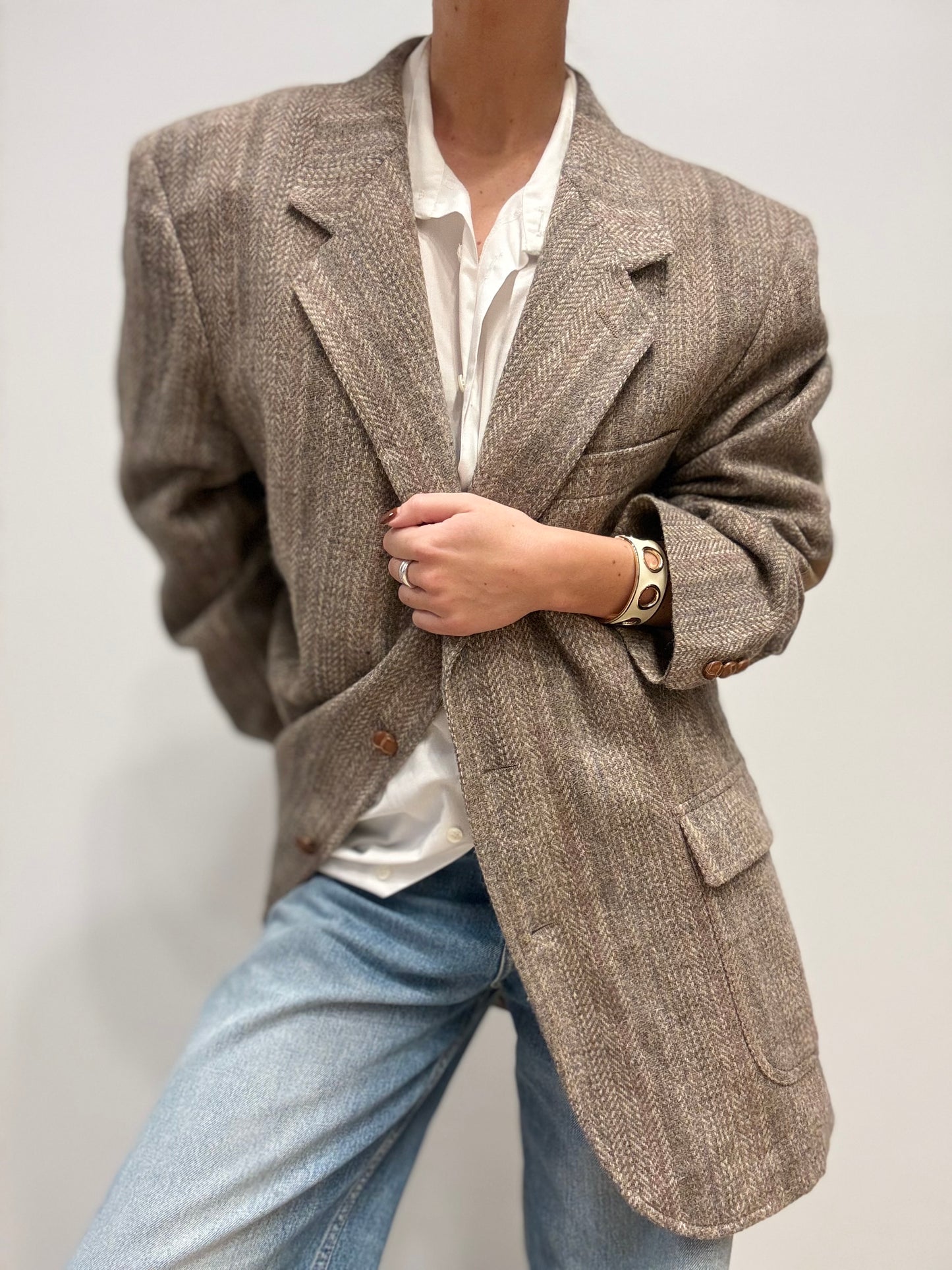 Vintage Wolblend Blazer met Visgraatpatroon