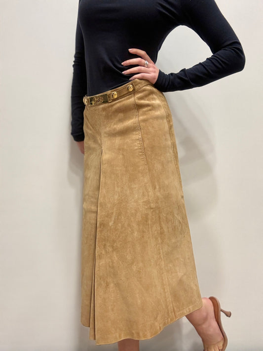 Vintage suède midi rok met decoratieve tailleband