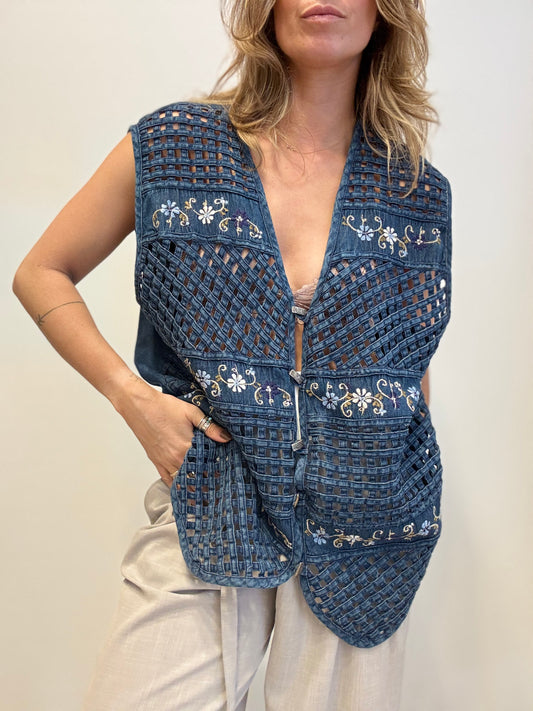 Embroidered Indigo Crochet Vest