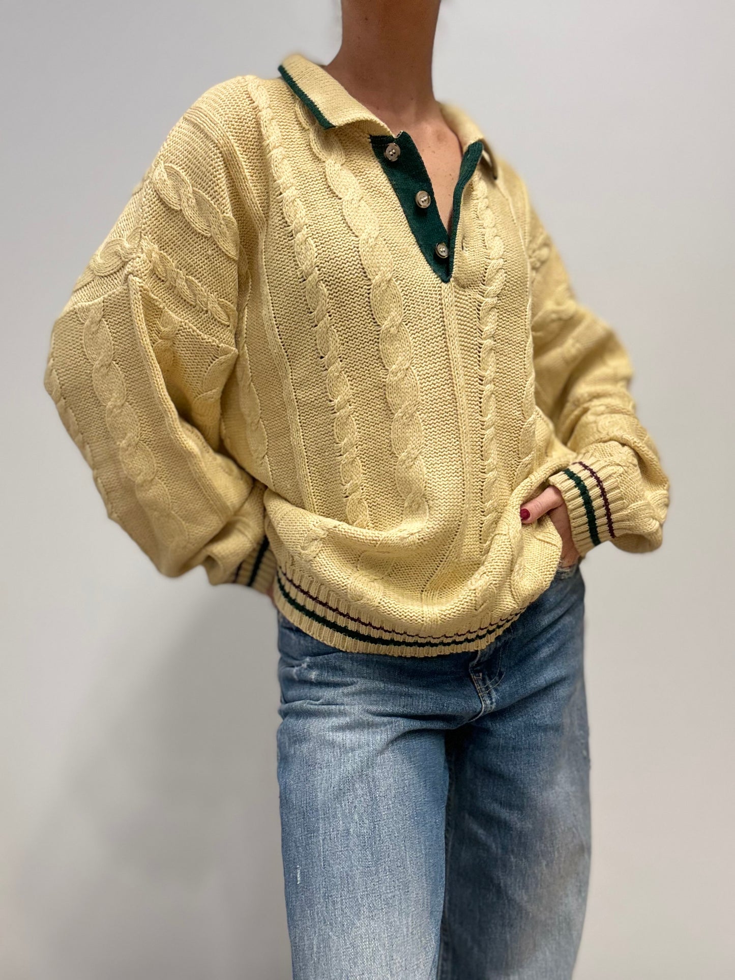Vintage Kabelgebreide Polo Trui in Crème met Groene Details