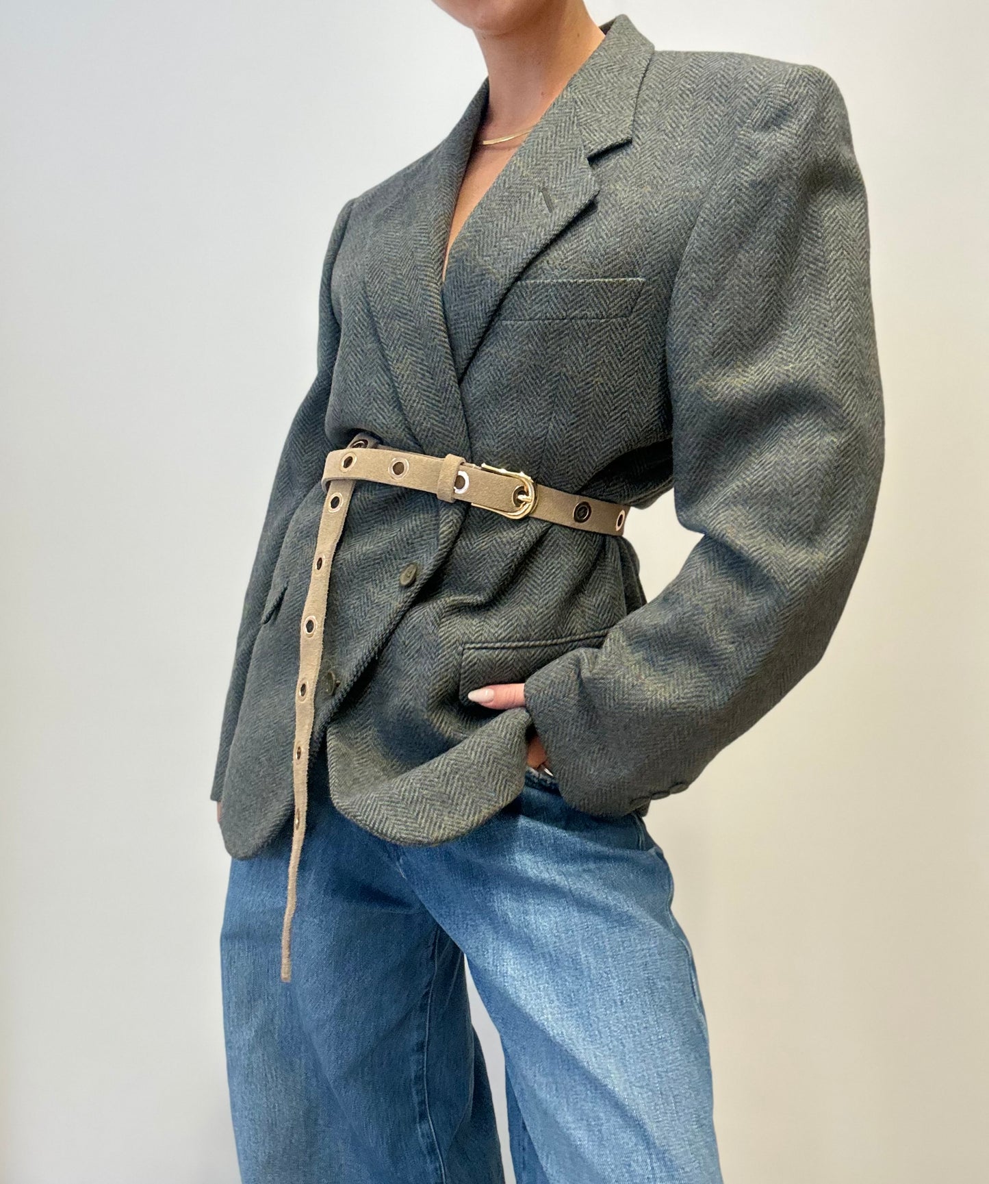 Vintage Herringbone Leonard Wool Blazer in Green