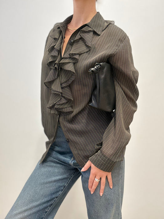 Vintage Ruffled Blouse in Black Pinstripe