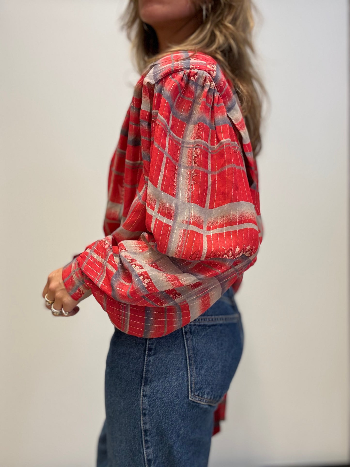 Vintage Red & Silver Blouse with Shoulder Pads