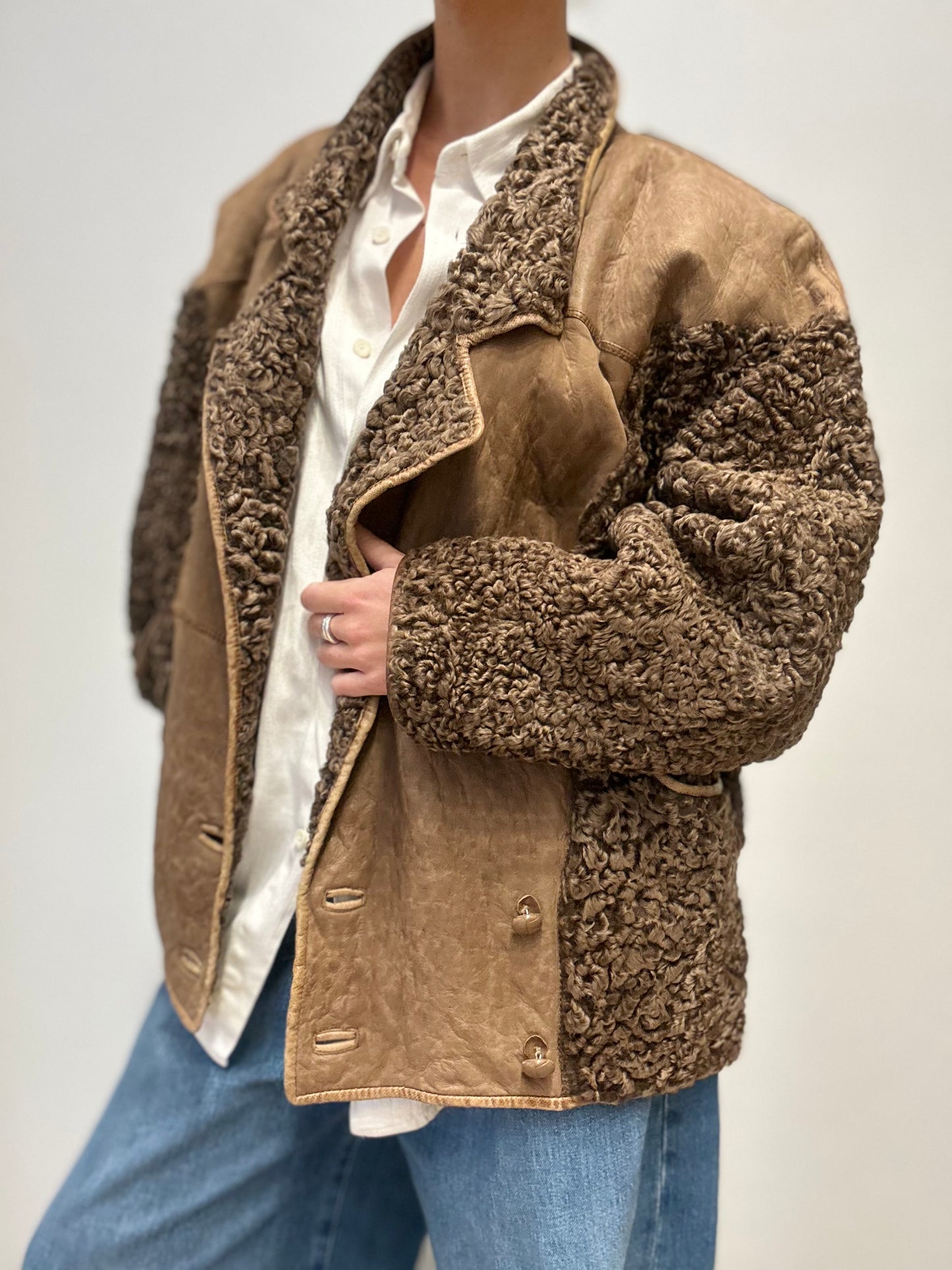 Vintage Omkeerbare Shearling Jas in Warm Camel & Curly Fur