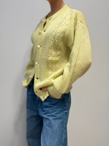 Vintage Alan Brown Cable-Knit Cardigan in Pastel Yellow — Made in Italy