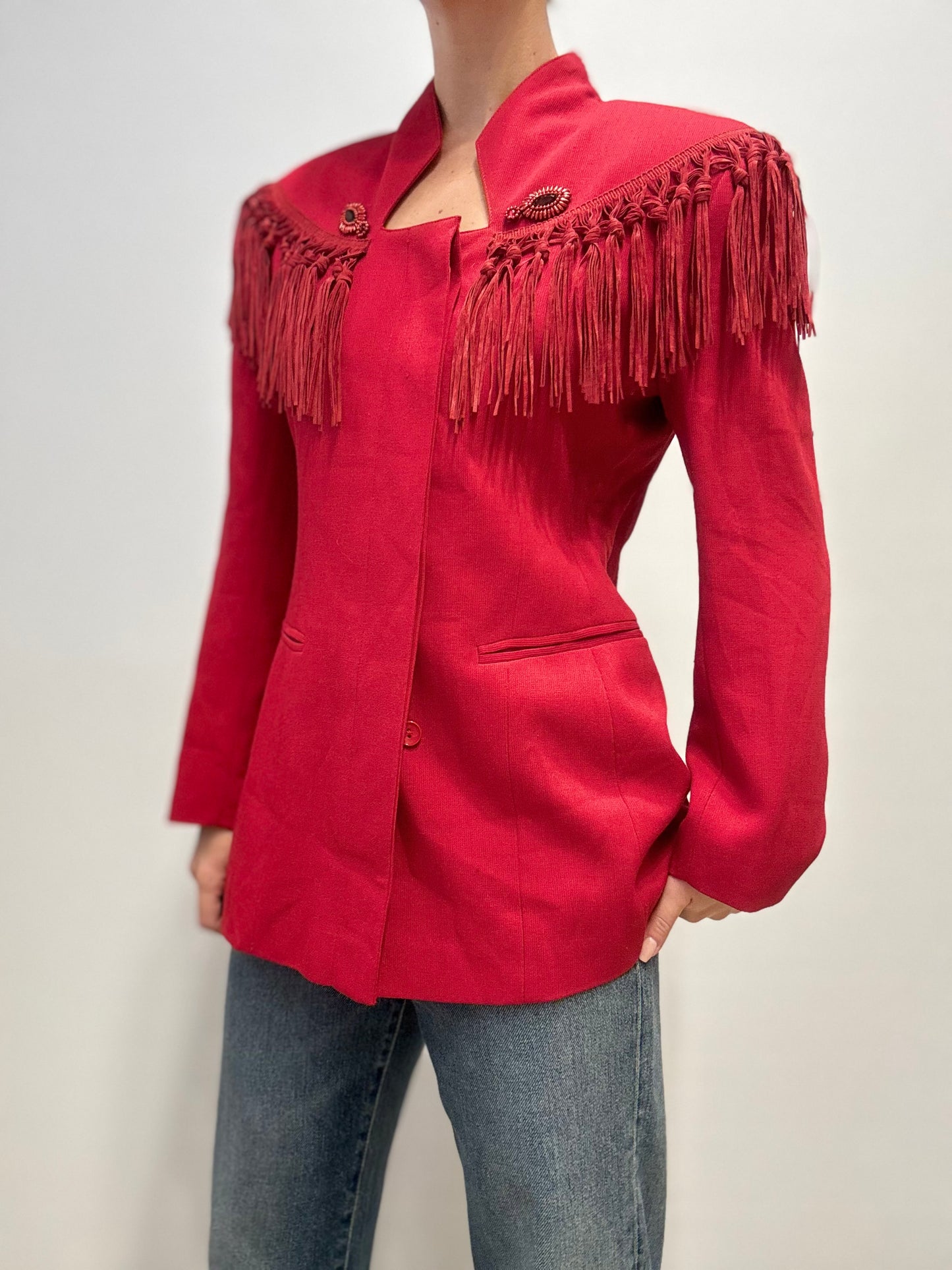 Vintage Italiaanse Wollen Blazer met Franjes in Dieprood