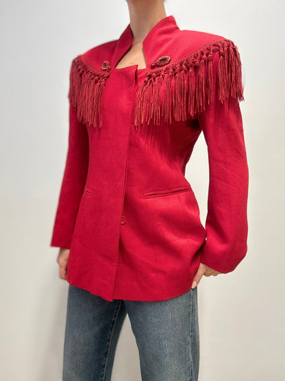 Vintage Italiaanse Wollen Blazer met Franjes in Dieprood