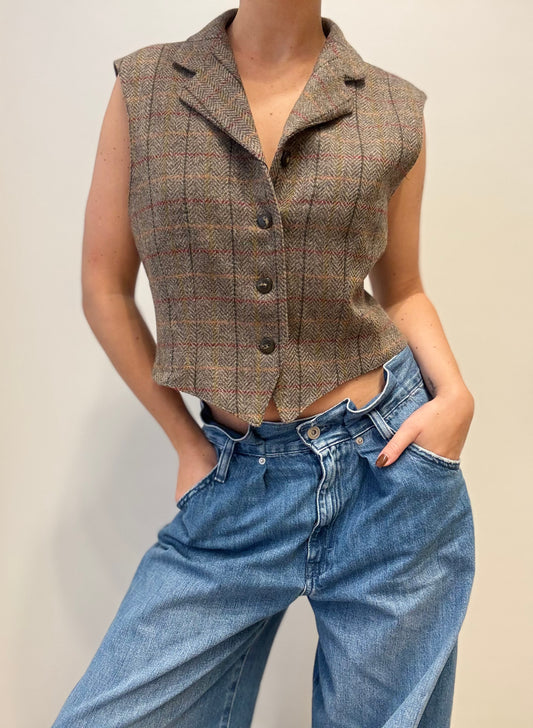 Max Mara Vintage Wool Waistcoat in Checked Tweed